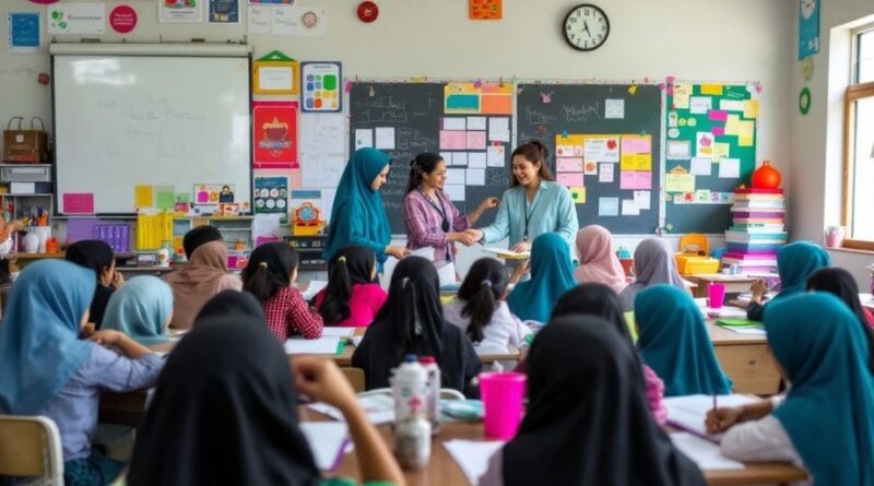 Kelas yang ramai dengan siswa belajar dan berinteraksi.