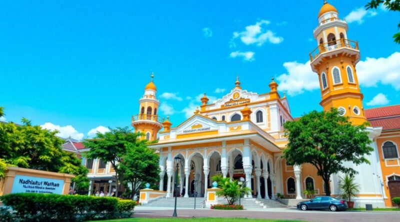 Masjid Nahdlatul Wathan Jakarta dengan latar belakang hijau.