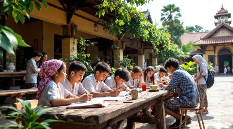 Siswa belajar di pesantren dengan latar belakang alam hijau.