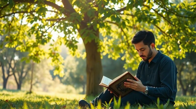 Seseorang membaca Al-Qur'an di bawah pohon.