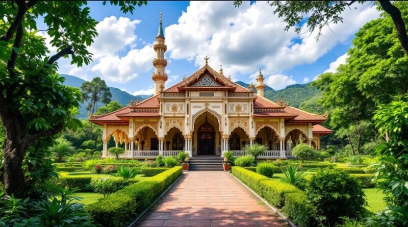 Masjid indah di Indonesia dikelilingi oleh alam hijau.