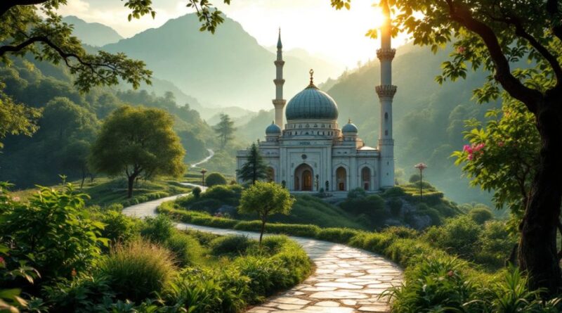 Masjid tenang dikelilingi alam yang hijau.