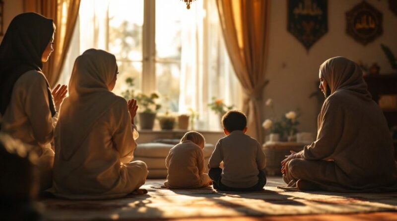 Keluarga Muslim berdoa di rumah dengan dekorasi Islam.