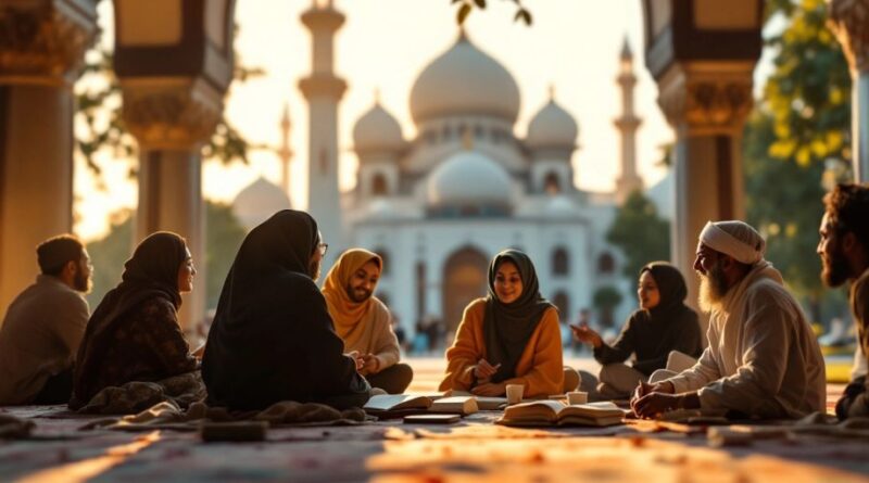 Diskusi tentang agama Islam dengan latar belakang masjid.