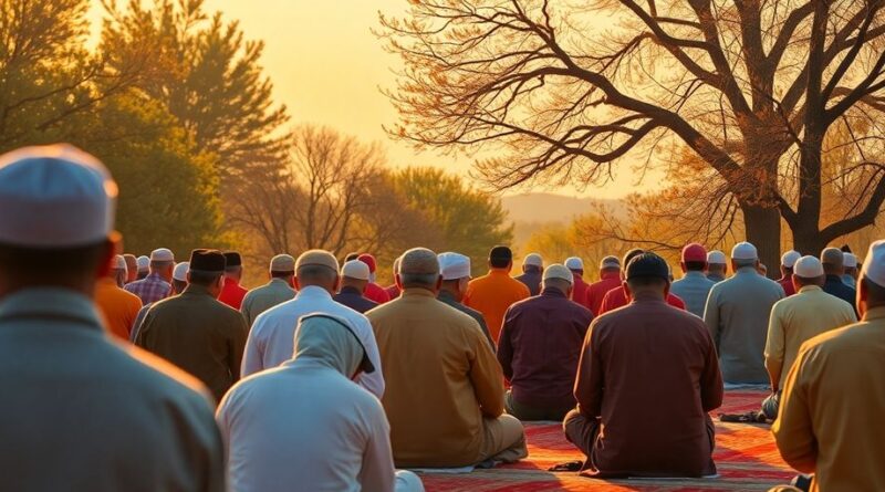 Gambaran Muslim sedang berdoa di lingkungan alami.