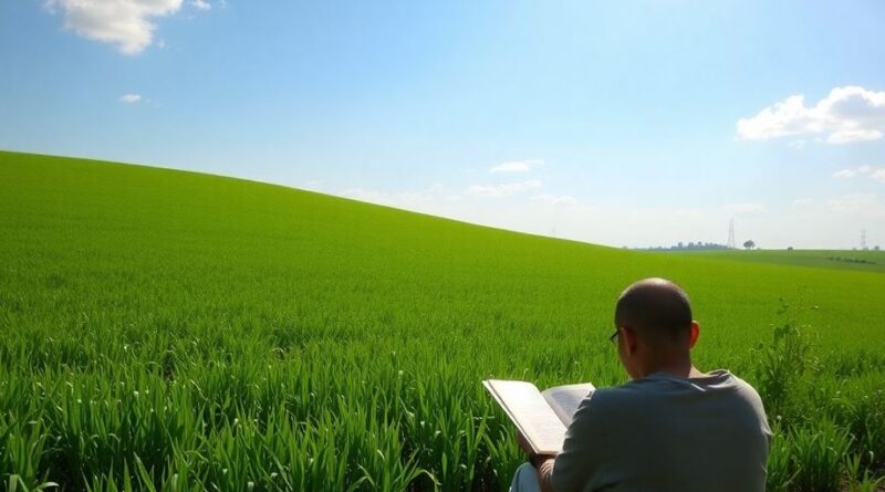 Seseorang membaca di ladang hijau di bawah langit.