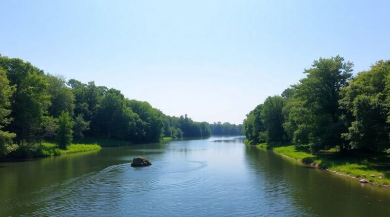 Pemandangan alam tenang dengan sungai dan pepohonan hijau.