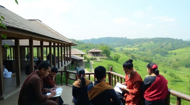 Santri belajar di pondok pesantren dengan latar belakang hijau.