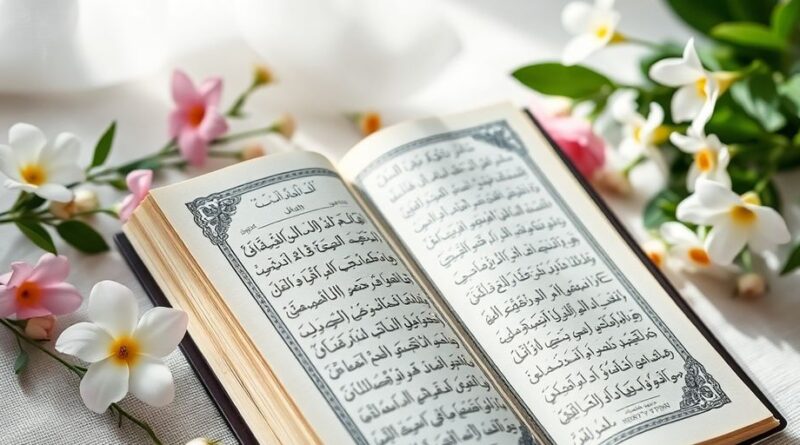 Al Quran terbuka dikelilingi bunga di latar alami.