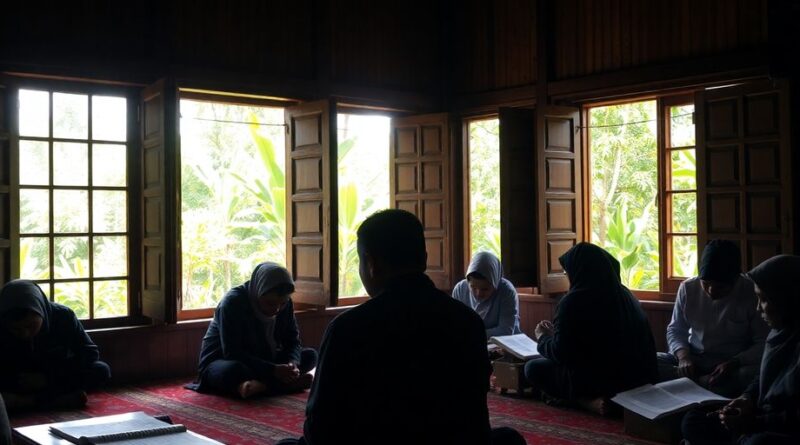 Santri berdoa dan belajar di pondok pesantren.