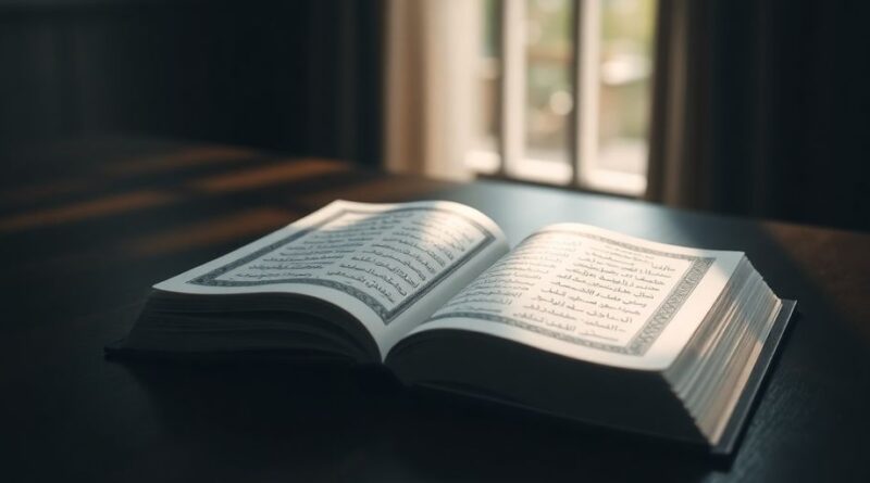 Al Quran terbuka di atas meja kayu.